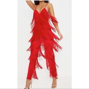 Red tassel plunge jumpsuit